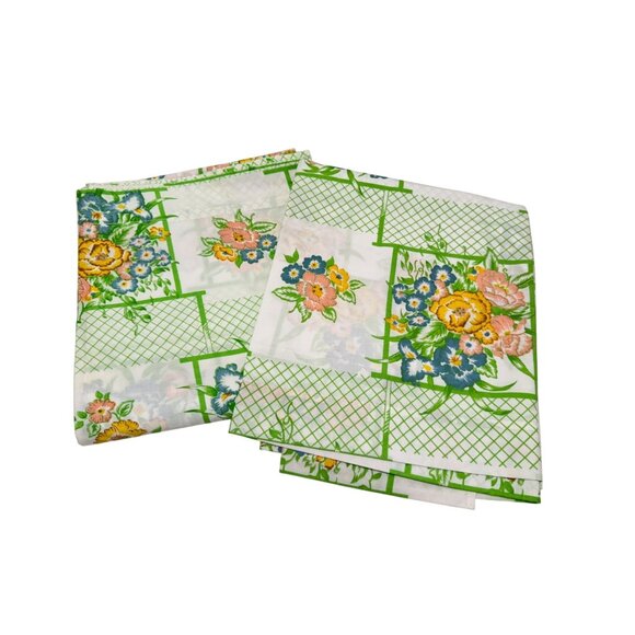 Vtg Cannon Monticello Floral Trellis Green Twin Flat Sheet ONLY USA Set of 2 - Picture 1 of 5